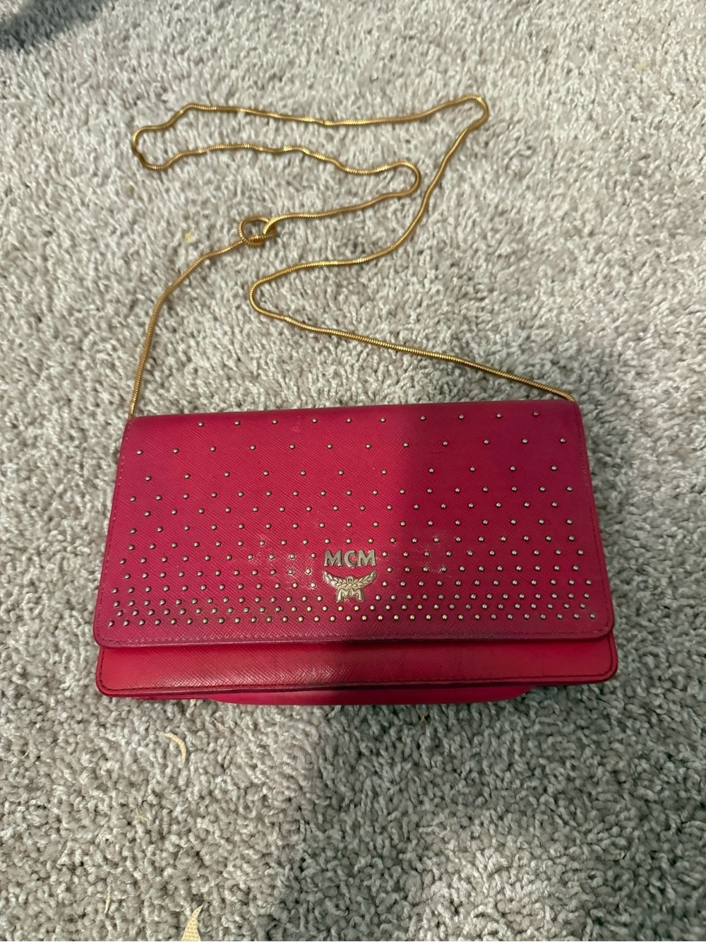 MCM Hot Pink Studded Leather Crossbody with Gold Chain - Picture 1 of 15